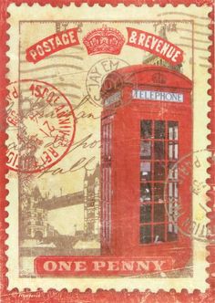 a postage stamp with a red phone booth