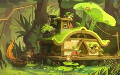 an animated house in the middle of a forest with lots of plants and animals around it