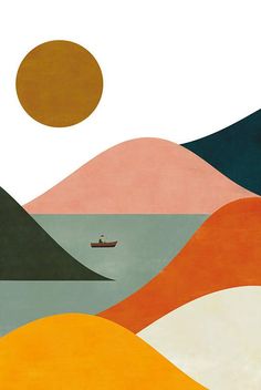 an abstract painting with a boat on the water and mountains in the background that are orange, green, blue, yellow and white