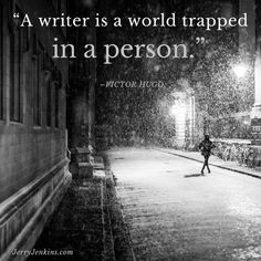 a person walking down a street in the rain with a quote above it that reads, a writer is a world trapped in a person