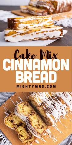 cake mix cinnamon bread with white icing and drizzled on top