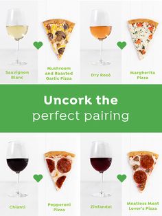 a poster with different types of pizza and glasses of wine on the bottom right hand corner