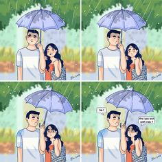 comic strip showing man and woman under umbrella in the rain with caption that reads, top, happephoe, moghulis?