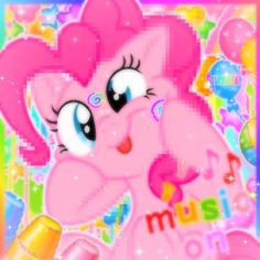 a pink pony with big eyes and stars on it's face, standing in front of a colorful background