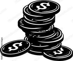 black and white illustration of stacks of coins with dollar signs on the top, in front of a white background