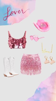 the contents of a pink outfit and accessories are laid out on a white surface with clouds in the background