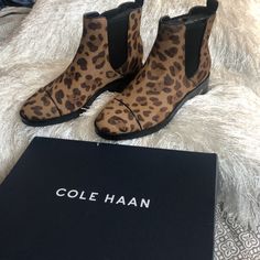 Never Worn. New In The Box. Nwt. My Wide Foot Is Your Cole Haan Score! Size 7.5, Padded And Easy To Slip Into. Details Leopard Print Calf Hair Sculpts An Easy-On Chelsea Boot From Cole Haan. Sizing: True To Size. - Round Cap Toe - Genuine Leopard Print Calf Hair Construction - Dual Side Goring - Pull-On - Approx. 4" Shaft Height, 10" Opening Circumference - Approx. 1.5" Heel - Imported Color: Ocelot Print / Black Leather Calf Hair, Chelsea Boot, Cole Haan, Chelsea Boots, Bootie Boots, Leopard Print, Chelsea, Ankle Boots, Black Leather