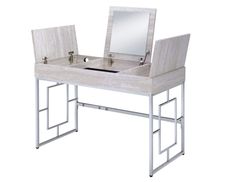 a white vanity with a mirror and sink on it's side, in front of a white background