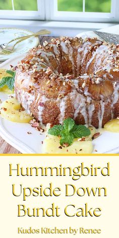 hummingbird upside down bundt cake on a white plate