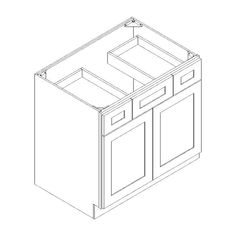 a line drawing of the base cabinet with two doors and one drawer on each side