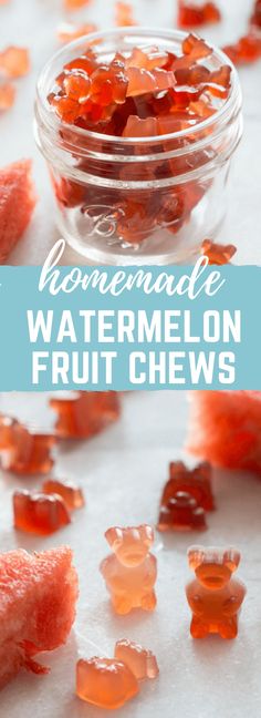 homemade watermelon fruit chews in a glass bowl with text overlay that reads homemade watermelon fruit chews