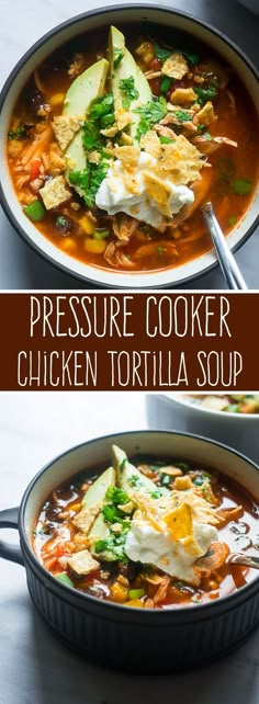 pressure cooker chicken tortilla soup with avocado and sour cream