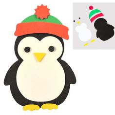 a penguin with a red hat on its head next to a cut out of it's face