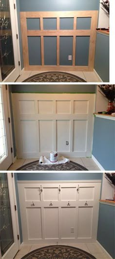 three pictures of the inside of a house with white cabinets and doors in different stages of being painted