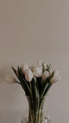 a clear vase filled with white tulips on top of a wooden table next to a wall