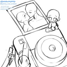 a drawing of a person holding a baby next to a record player and an mp3 player