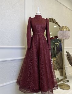 Red flowy dress with sparkles. Ankle length modest dress with full sleeves and high neck Dress Merah Maroon Hijab, Maroon Dress Hijab, Maroon Bridesmaid Dresses Burgundy, Dress Merah Maroon, Red Dress Hijab, Maroon Dress Long, Maroon Dress Outfit, Modest Dresses Muslim, Flowy Red Dress