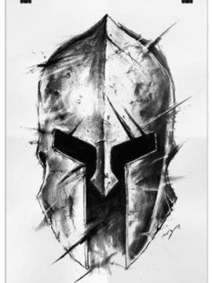 a black and white drawing of a knight's helmet with sharp lines on it