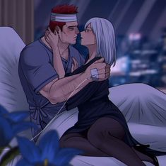 an animated image of a man and woman kissing on a bed with blue flowers in the background