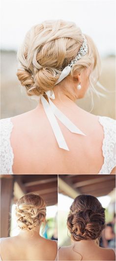 the back of a woman's head wearing a white ribbon and pearl hair comb