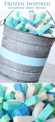 a bucket filled with blue and green marshmallows