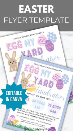 an easter flyer is shown with eggs and bunny ears on the front, and in the back