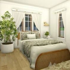 a bed room with a neatly made bed and two planters on either side of the bed