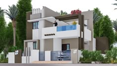 this is a 3d rendering of a modern style house with balcony and balconies