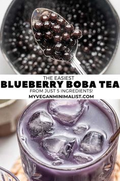 blueberry boba tea in a glass with ice and berries