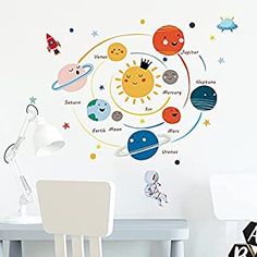 the solar system wall decal is shown in this children's room