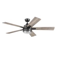 a ceiling fan with two wooden blades and a glass bowl light on the top of it