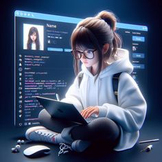 a woman sitting on the floor with a laptop computer in front of her, while wearing glasses