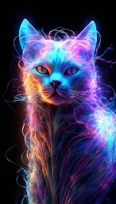 a cat that is sitting down with its eyes wide open and glowing in the dark