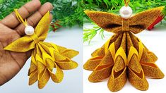 two pictures of handmade christmas ornaments in gold glitter and white pearls, one being held by a person's hand