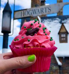 a pink cupcake with green sprinkles and a hogwart's sign in the background