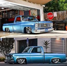 two pictures side by side of an old blue truck and the same one in front of a garage