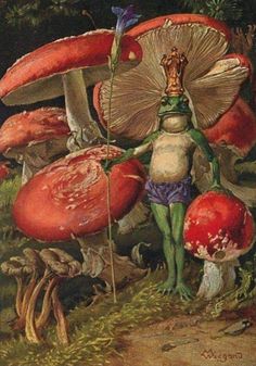 a painting of a man standing in front of mushrooms