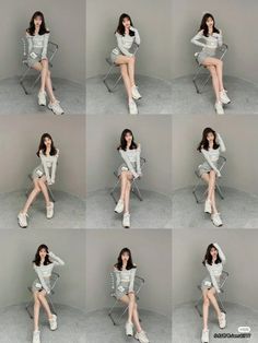 the woman is sitting in a chair and posing for different pictures with her legs crossed