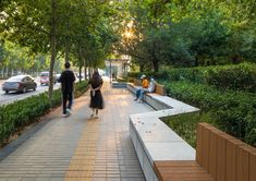 two people walking down a sidewalk next to trees and bushes on either side of the walkway