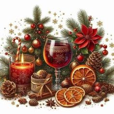 a glass of wine, orange slices and cinnamons on a white background with christmas decorations