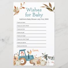 a baby shower wish card with a tractor and farm animals on the front, which reads wishes for baby