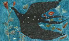 a painting of a black bird with stars and flowers on it's wings, flying through the air