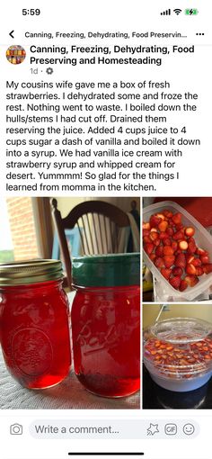 two jars filled with fruit sitting on top of a table next to a bowl of strawberries