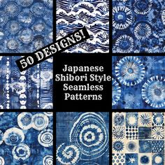 japanese shibori style seamless patterns with the words 50 designs in black and white