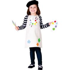 Product comes complete with: Apron, Beret, Pallet and 1 Paint Brush Cream Apron has a waist tie closure with 2 pockets White Pallet at 10 paint sections Black felt beret completes the Artist ensemble "She is one Talented Artist! Don this cream Apron that has a waist tie closure with 2 pockets and your ready to paint the world! White Pallet at 10 paint white sections to ""fill"" with color of your choice, so grab that paint brush and start working on your master piece. It's super classy with the Costume Carnaval, Fancy Dress For Kids, Halloween Fancy Dress, Fantasias Halloween, Apron Designs, Carnival Costumes, Gifts For An Artist, Black Felt, Moda Vintage