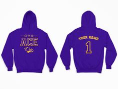 two purple hoodies with the name and number one on them, both in gold