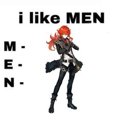 an anime character with red hair and black clothes standing in front of the words i like men