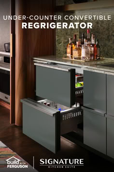 an advertisement for a new kitchen cabinet with the words, under counter convertable regrigerator