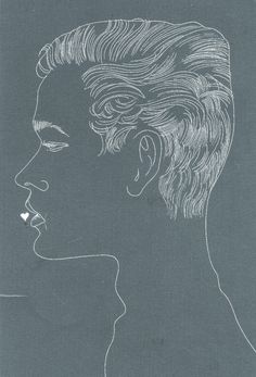 a black and white drawing of a man's face with his hair pulled back