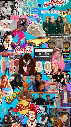 a collage of various images and words on a blue background with the word'80s '